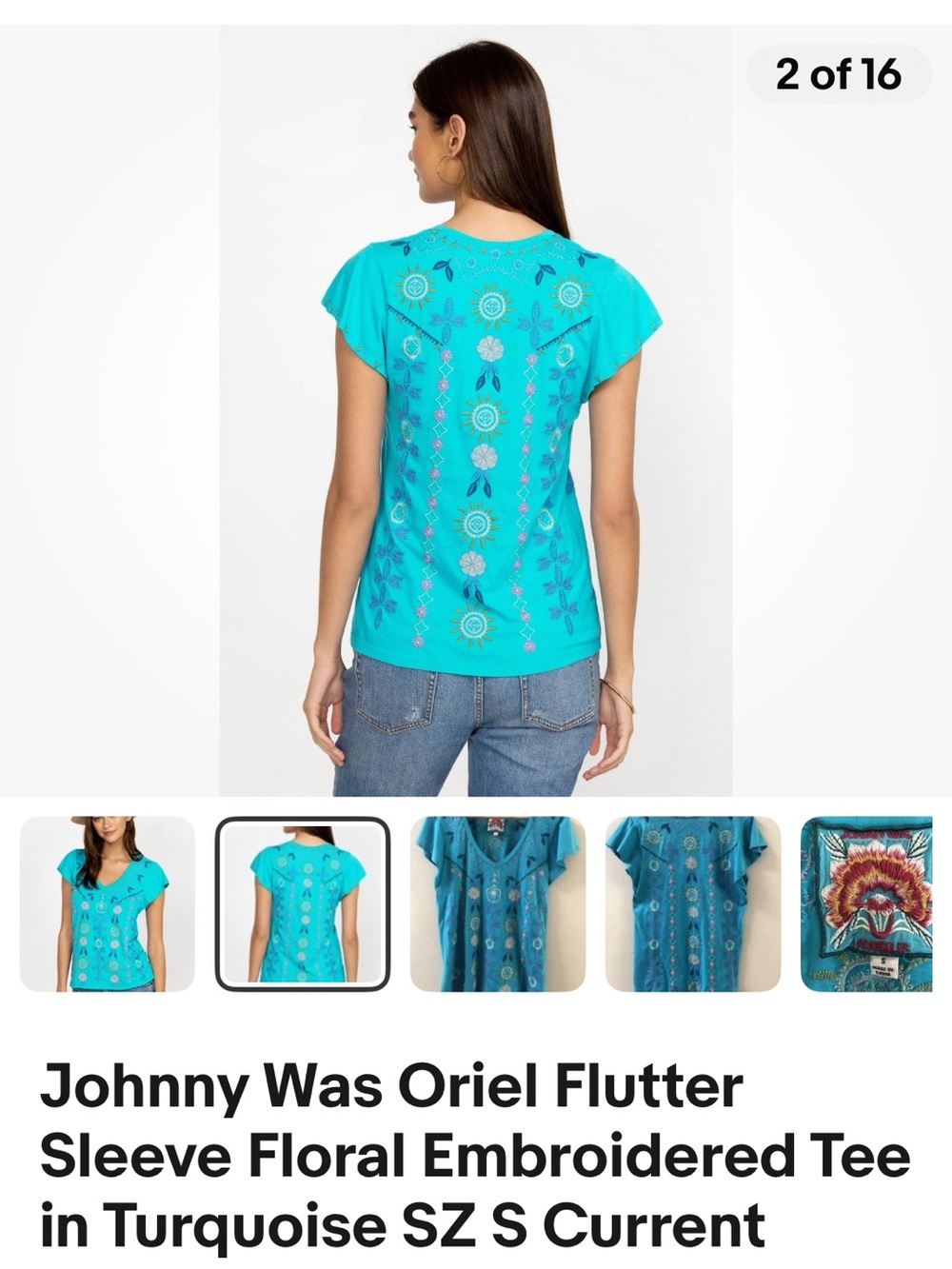Johnny Was Turquoise Embroidered V-Neck Flutter Sleeve Tee - Picture 2 of 6